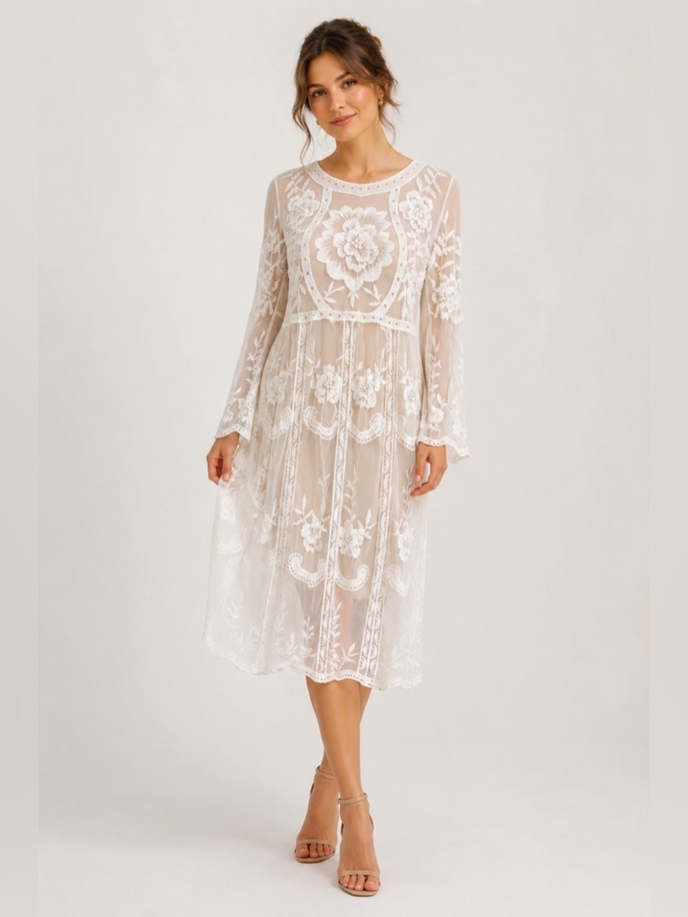 Klasiks Maxi Dress White Lace Embroidered Sleeveless Boho Bridal Occasion OS